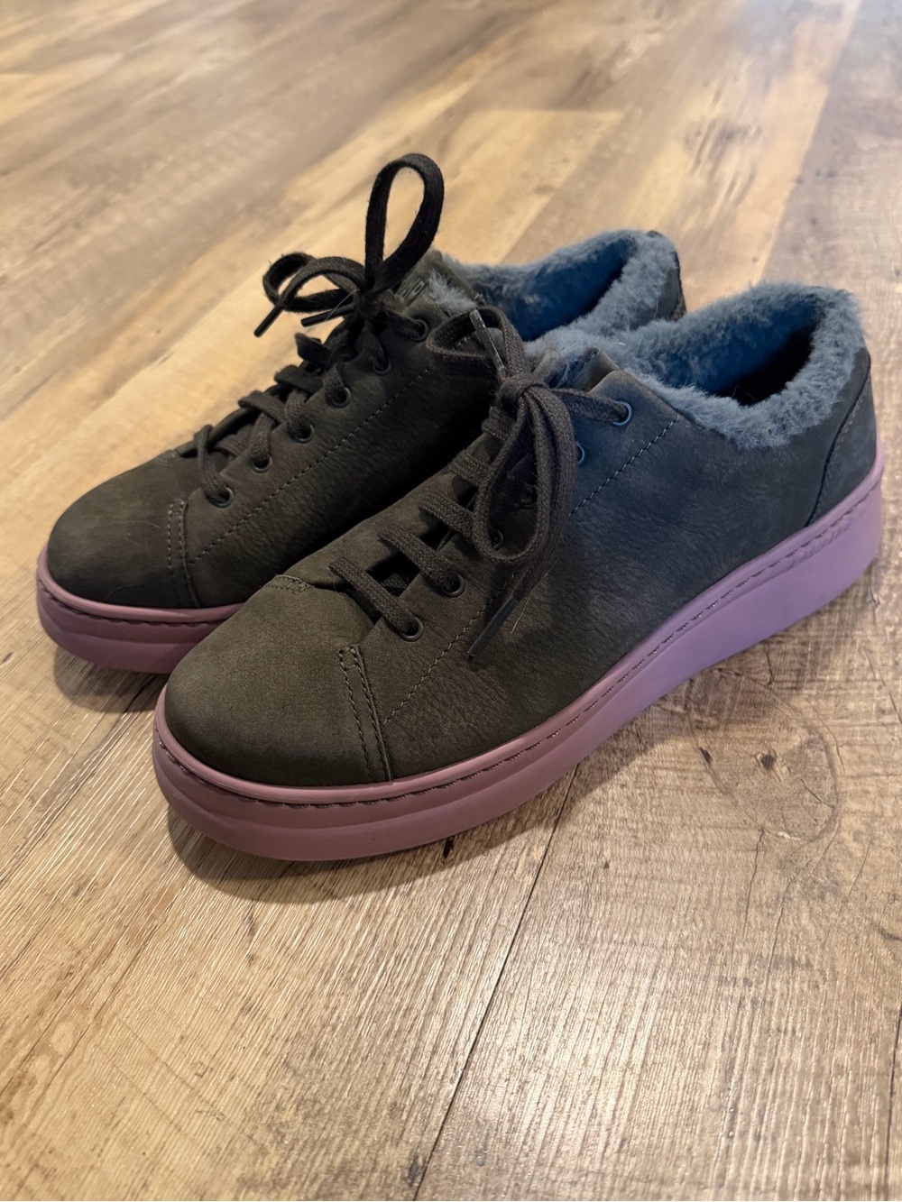 Camper Black Leather Sneakers with Purple Platform and Blue Shearling 39